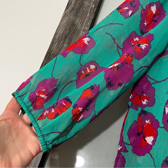 Modcloth Vibrant L Floral Blouse Teal, Purple, Red Peter Pan Collar Cottagecore - Picture 3 of 11
